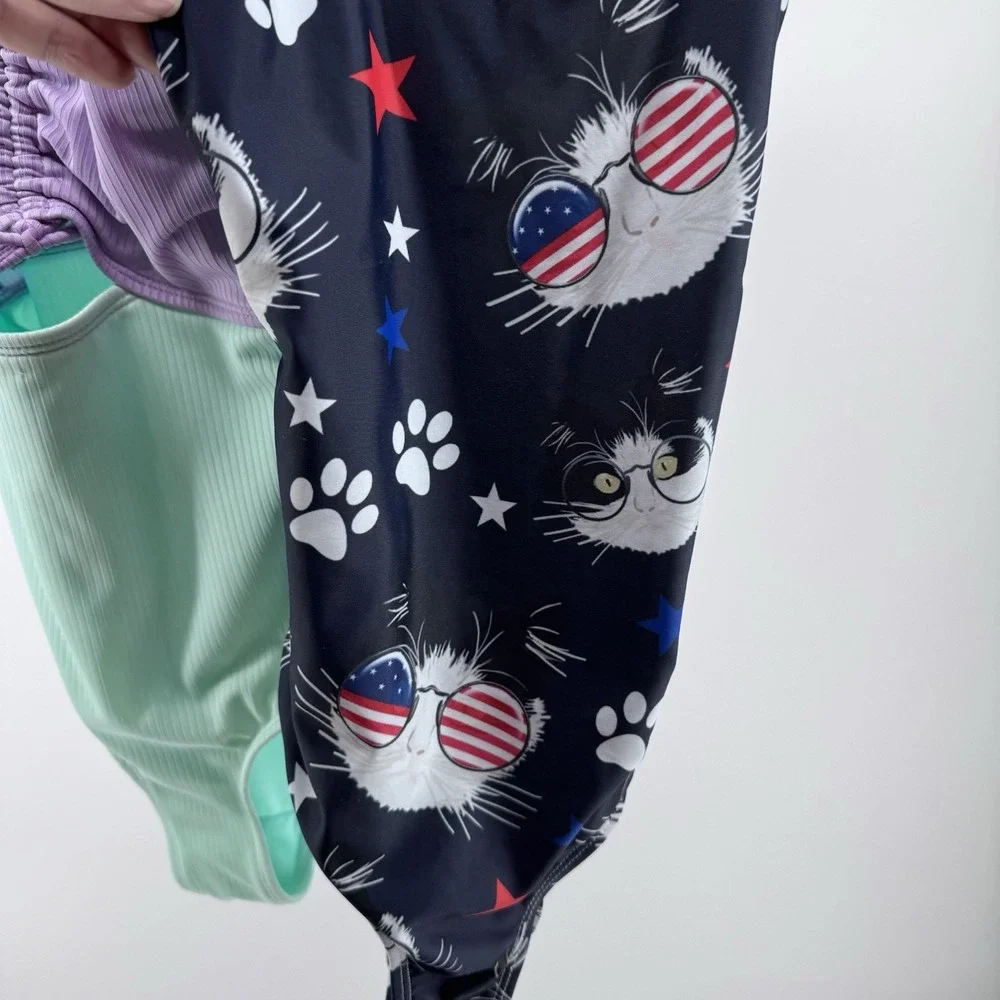 Lot of 2 Girls Swimsuits Size 10 Justice Cat One Piece Purple Patriotic Beach